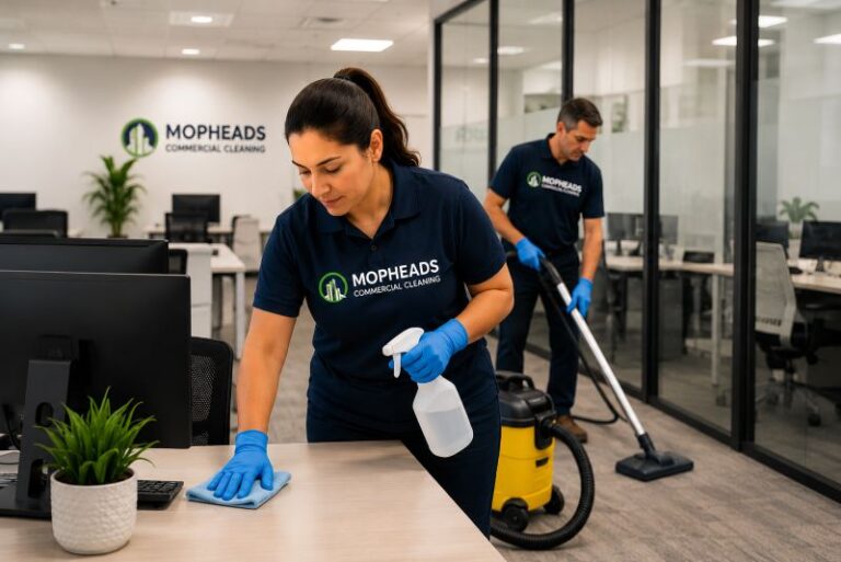 Experienced office cleaning professionals maintaining a clean business environment