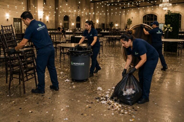 Event cleanup professionals removing debris after a large corporate gathering